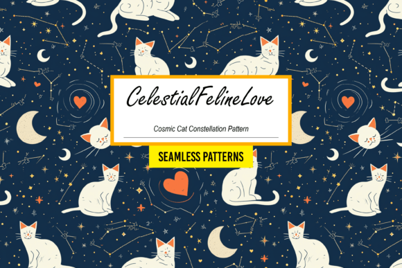 CelestialFelineLove - Cosmic Cat Pattern: A Whimsical Fusion of Stars and Felines