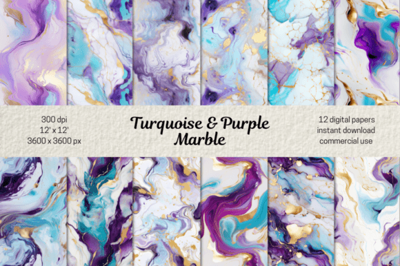 Purple Turquoise Marble Digital Papers